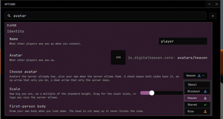 The options window on the Player page: an Avatar row showing the kind badge and the worn barcode with the pallet dimmed and the name bright, a Choose avatar row with its dropdown open over five entries, each wearing a check, an up arrow or a down arrow, and a Scale slider below