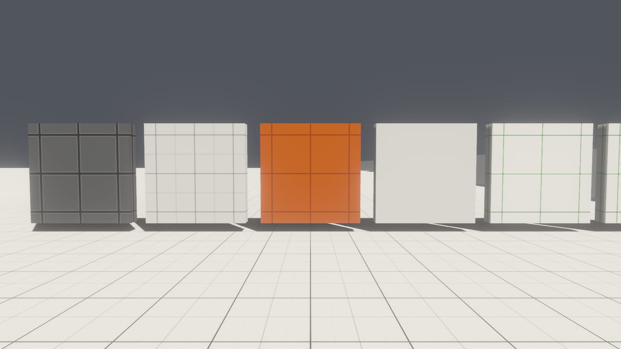 Material test cubes lit by a single sun on a tiled floor, rendered by the engine with no window open