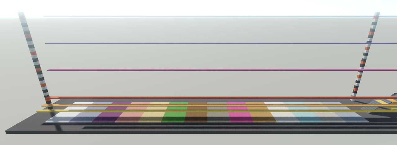 The same yard seen from the side: four catwalks stacked one above another over the plate strip, their heights read off two black-and-orange striped rulers