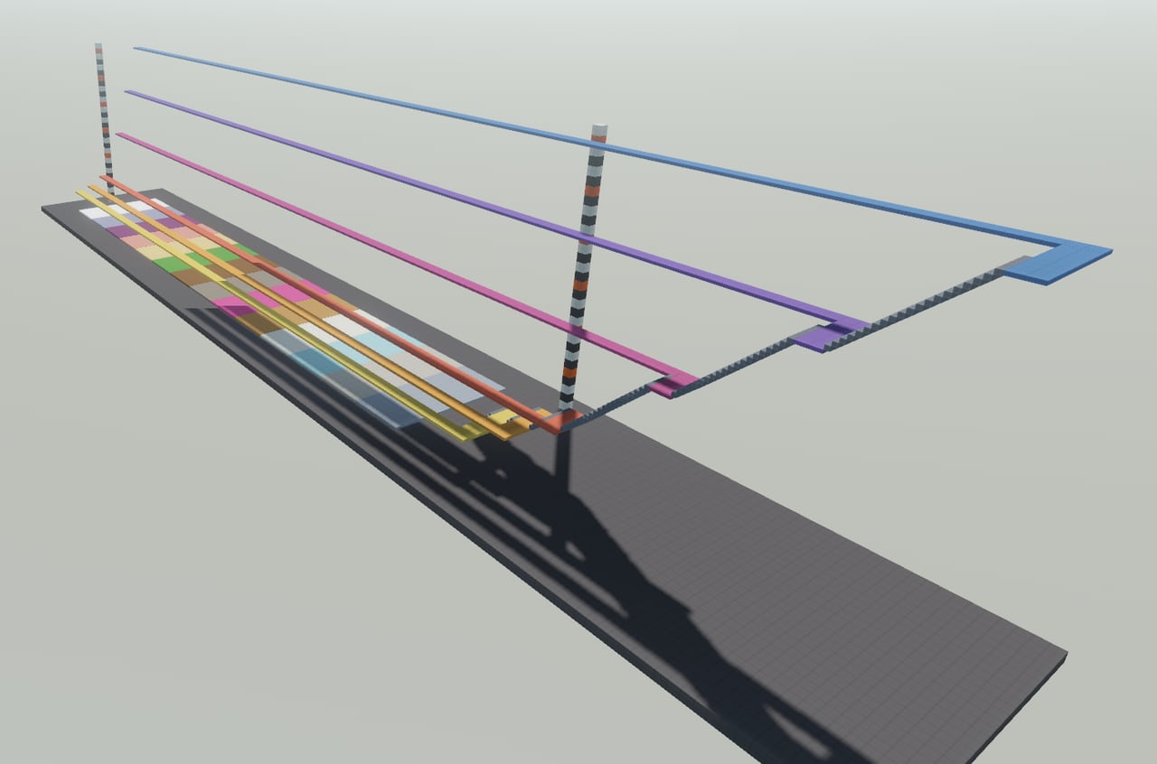 A three-quarter view down a long dark plate, tiled end to end with differently colored material squares, with four colored catwalks running above it at stepped heights and a stair climbing to each