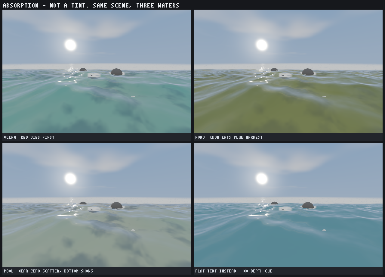 Four panels of the same ocean scene under the same sun: ocean water going blue-green with depth, a CDOM pond going yellow-green, a near-clear pool showing its bottom, and a flat authored tint with no depth cue at all