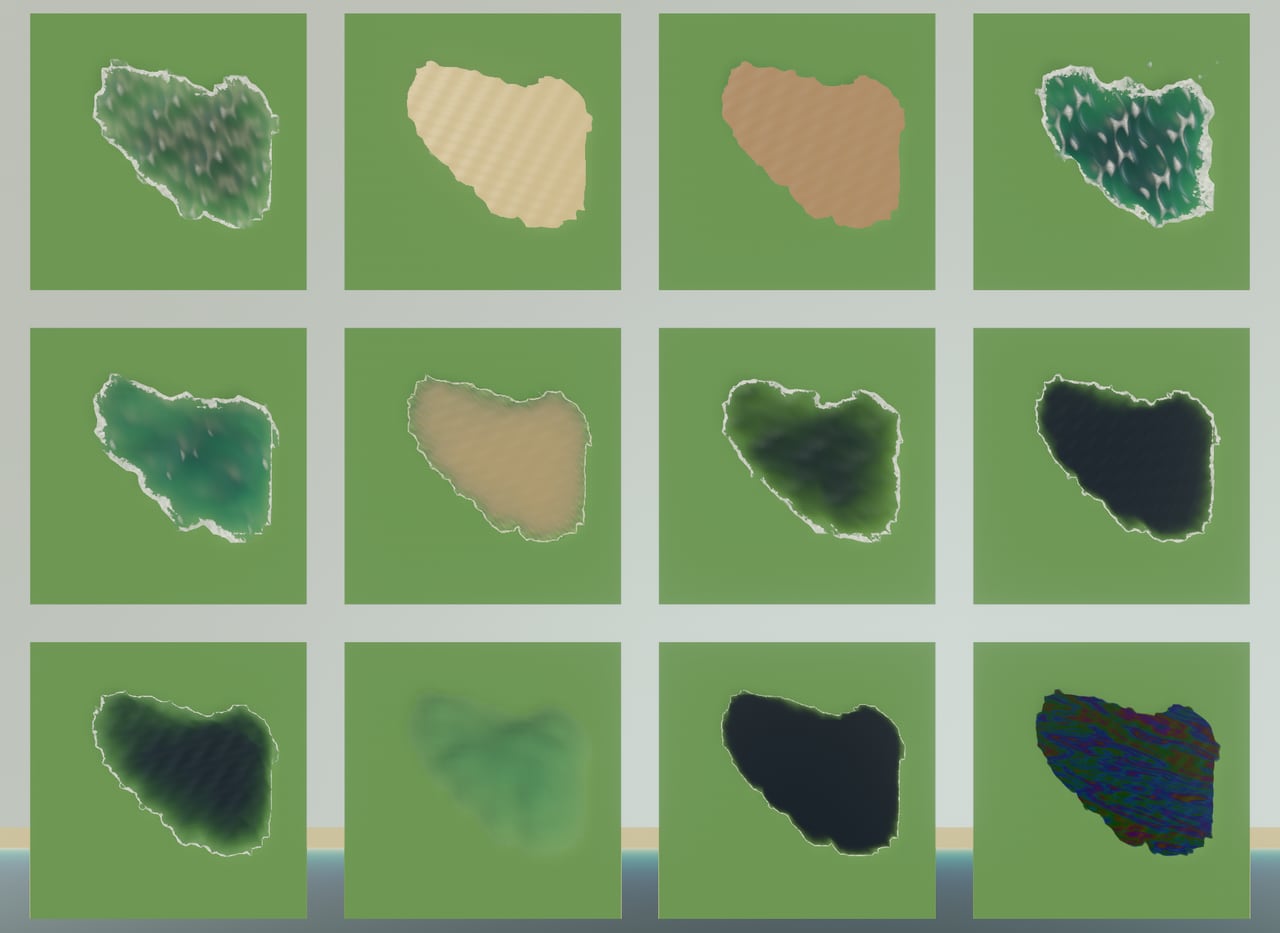 A grid of green plates, each holding a pool of a different water material, the oil slick iridescent at the lower right
