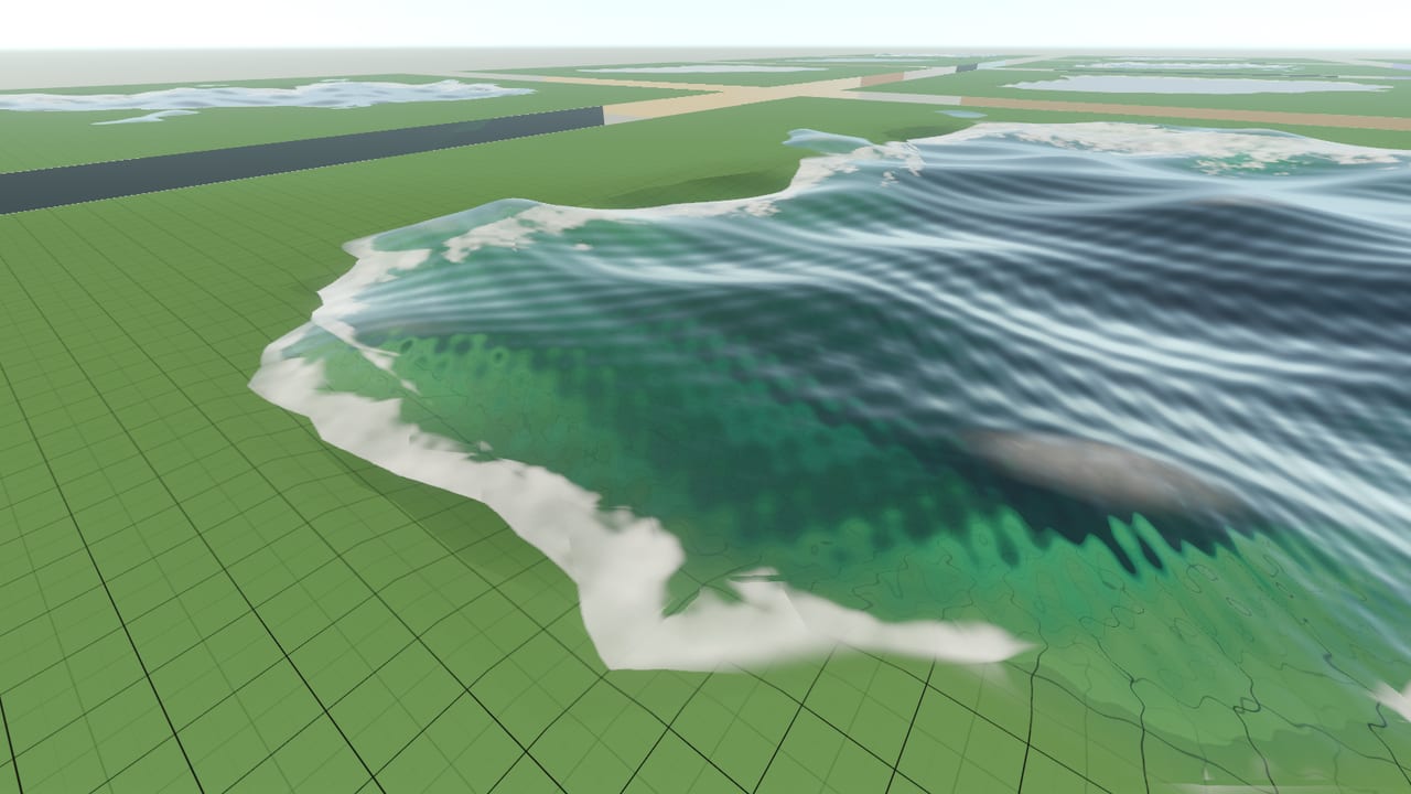 The ocean preset in the water yard: teal swell with a white foam rim breaking against a green bank