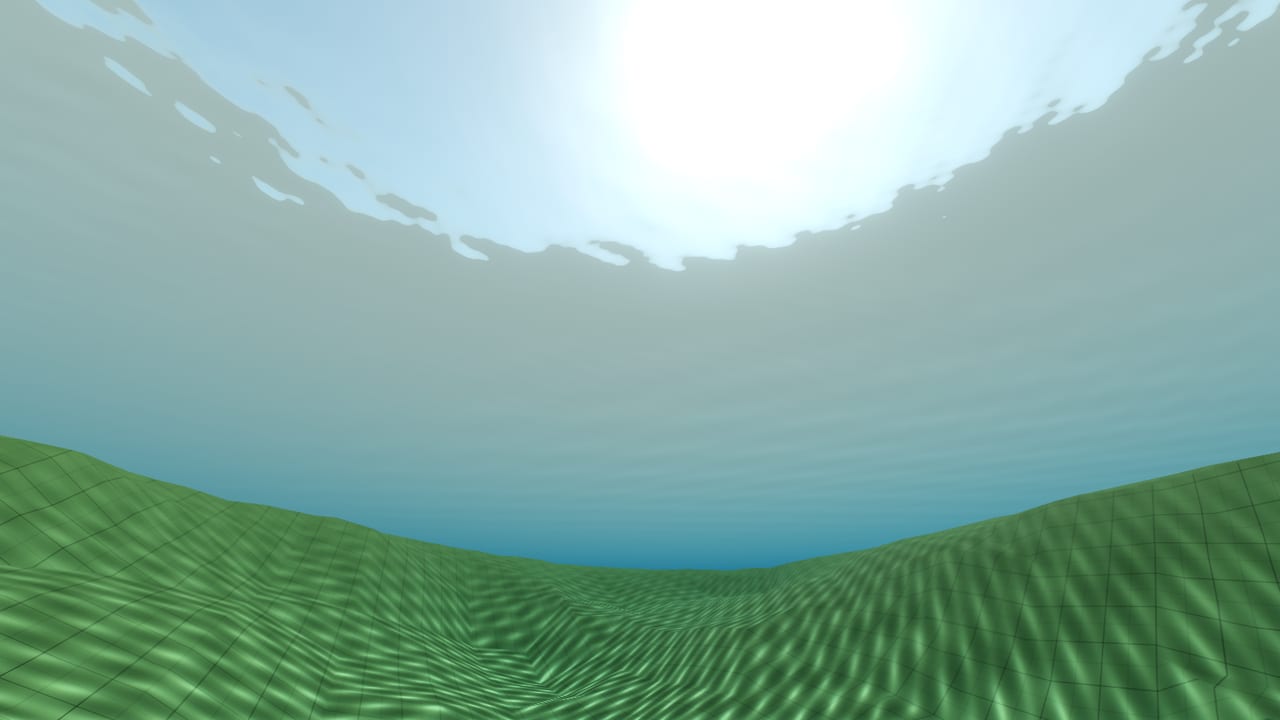 From five meters under the pool pad, looking up: the rippled underside of the surface with the sun burning through it, the green bank below washing out into the water's own tint with distance
