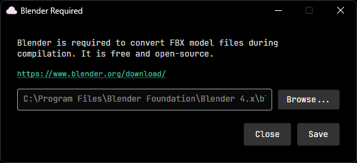 Blender Required dialog showing the path selector for Blender