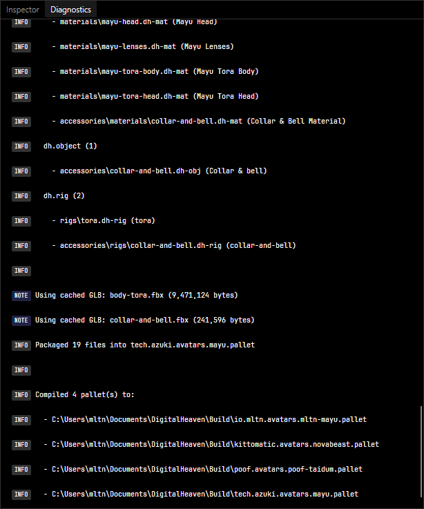 Diagnostics panel showing build output with asset discovery, FBX cache hits, and compiled pallet paths
