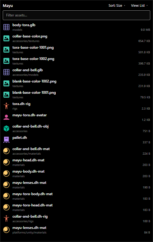 Edit mode showing the Mayu pallet in list view, sorted by file size