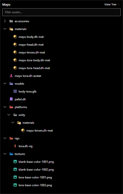 Edit mode showing the Mayu pallet in tree view with accessories, materials, models, and other directories
