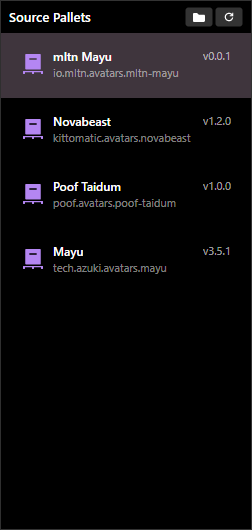 Source Pallets panel showing four pallets with names, versions, and IDs