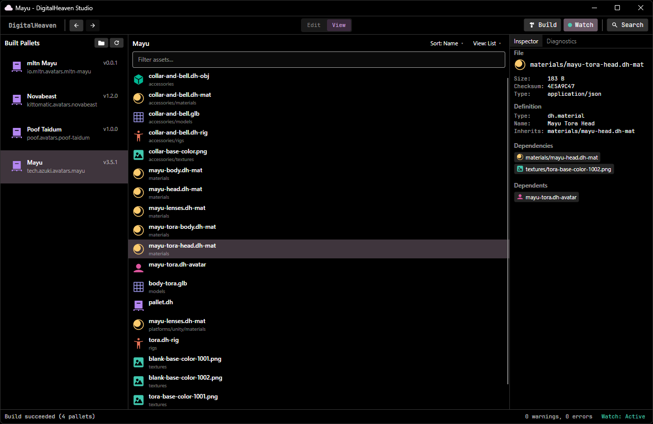 DigitalHeaven Studio in View mode, showing the pallet list, asset browser, and inspector panels