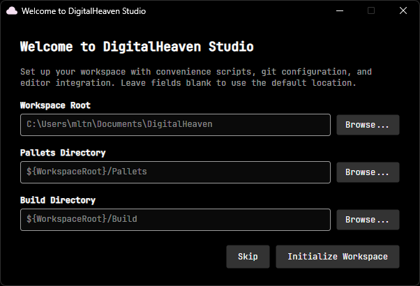 Welcome to DigitalHeaven Studio dialog with workspace root, source directory, and pallets directory fields